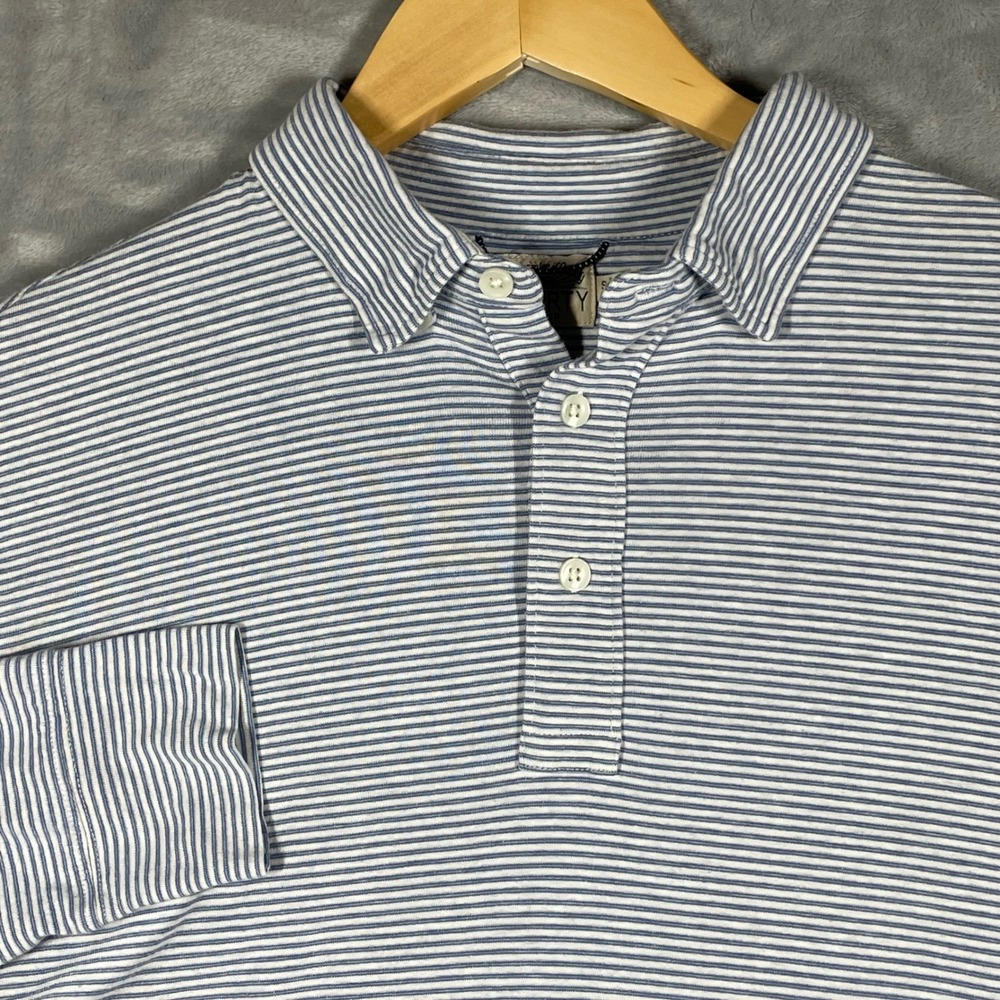 Faherty Brand Men Small Blue White Striped Long Sleeve Polo Organic Cotton Modal